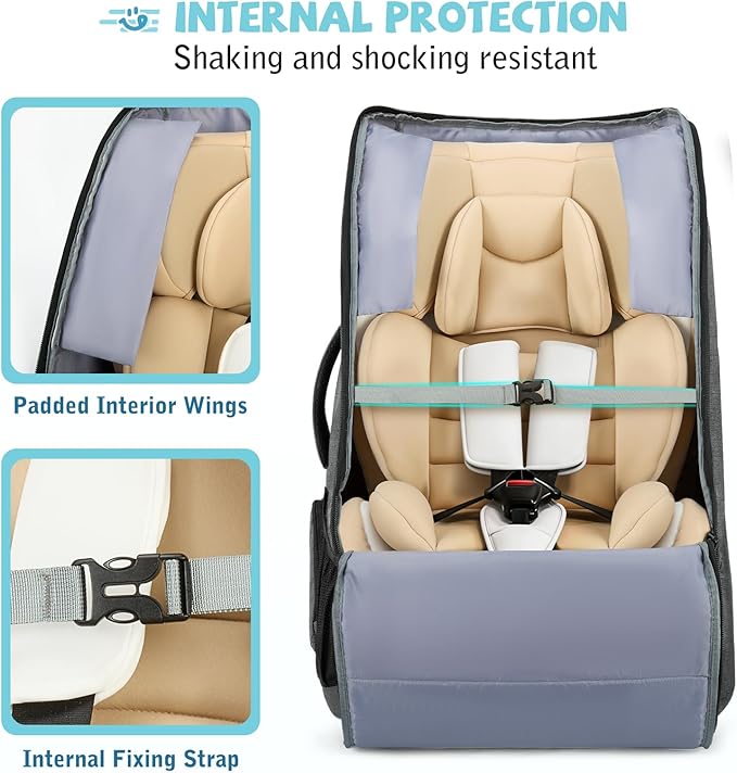RAINSMORE Car Seat Travel Bag for Airplane Padded Carseat Backpack Heavy-duty Car Seat Cover for Air Travel Infant Car Seat Carrier Bag with Shoulder & Waist Strap, Fits Most Car Seat & Booster Seats
