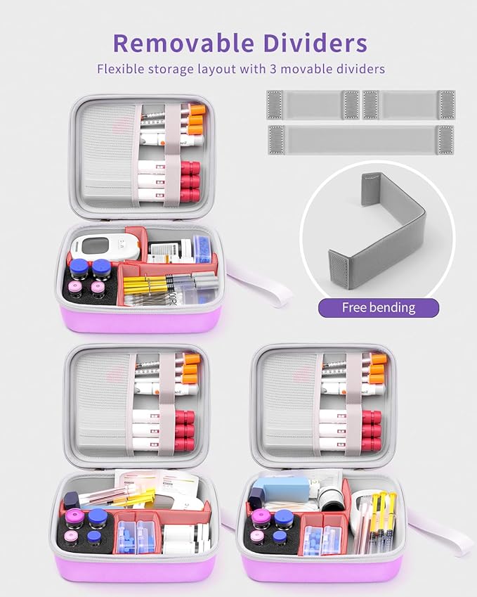 Krypthos Diabetic Supplies Travel Case, Portable Diabetes Organizer for Glucose Meter, Blood Sugar Test Strips Kit, Insulin Pens, Vials, Syringes, Lancing Device More with Adjustable Dividers (Violet)