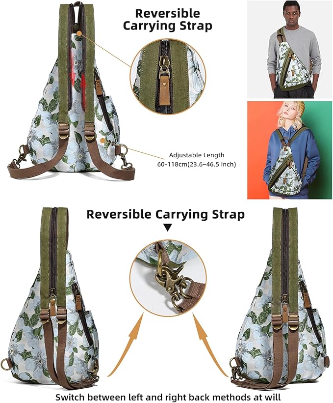 KL928 Canvas Sling Bag - Small Crossbody Backpack Shoulder Casual Daypack Rucksack for Men Women(Embroidery Green)