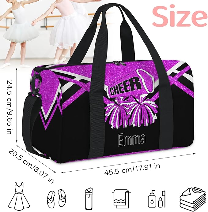 Personalized Dance Gym Bag, Custom Cheer Sport Duffel Large Compartment Cheerleaders Dance Weekender Bags Travel Tote, Bright Purple Glitters Black