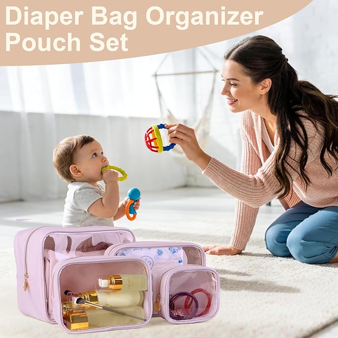 2PCS Clear Makeup Bag Set, Waterproof TPU Purse Organizer Pouches, TSA Approved Toiletry Bag, Diaper Bag Organizer Pouch, Travel Organizer Bags for Women and Kids