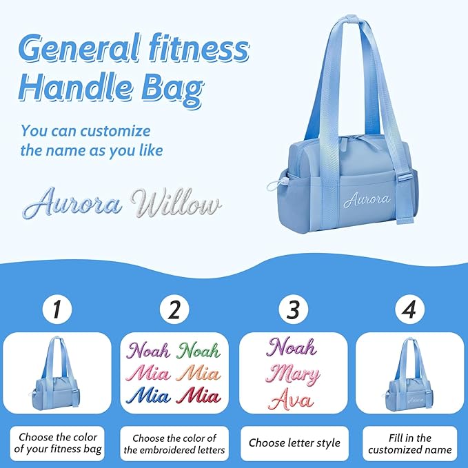 Personalized Mini Gym Bag for Women, Custom Embroidered Name Yoga Tote, Waterproof PU Fitness Duffle with Wet Compartment (blue duffle bag)