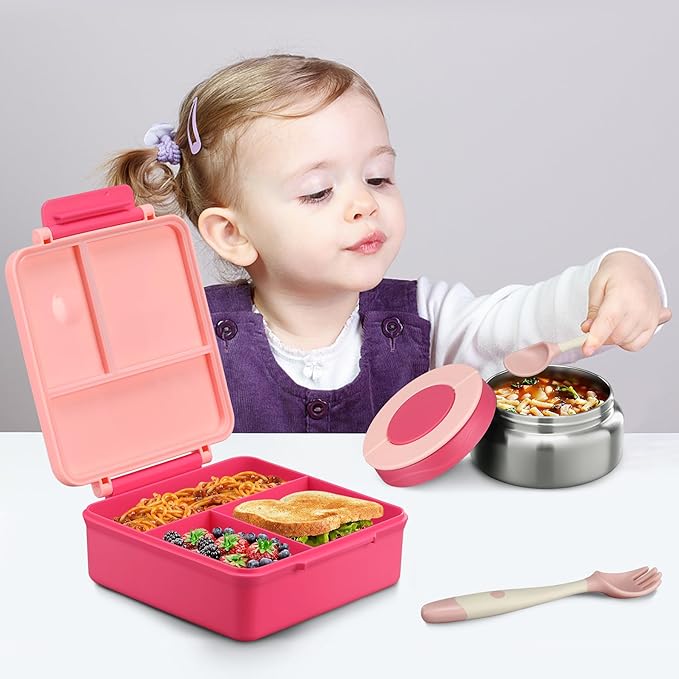 Itslife Bento Lunch Box for Kids with 8oz Soup Thermo&Lunch Bag, Leak-Proof Lunch Food Containers with 4 Compartment, Hot Food Insulated Food Jar for Kids School (Pink&Grey)