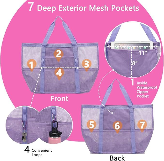 Mesh Beach Bag with Zipper, Large Beach Tote for Women, Toys Pool Swim Bag Travel Vacation Cruise Essentials
