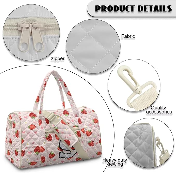 COEQINE Women Vintage Floral Gym Bag for Travel Pink Strawberry Initial Name A-Z Personal Item Travel Bag Quilted Duffel Bags for Men Womens, Large Packable Travel Bag