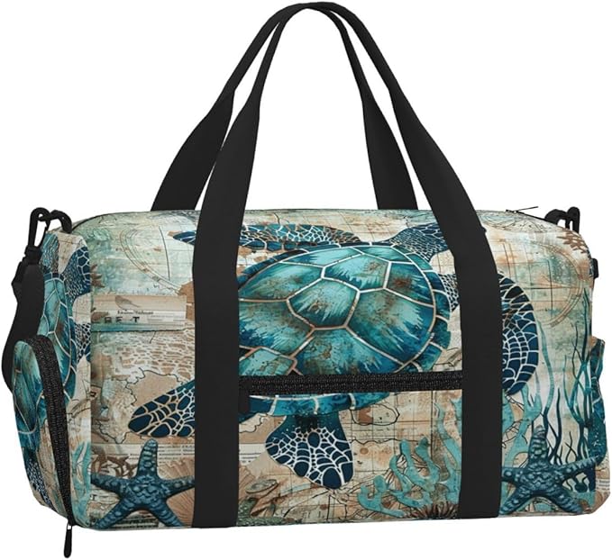 Sports Gym Bag Turquoise Sea Turtle Starfish Travel Duffel Bag With Shoe Compartment Shoulder Strap, Lightweight Water-Resistant Weekend Overnight Totes For Women Men