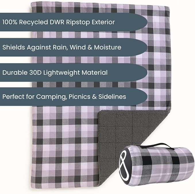 ROAM Weatherproof Sherpa Fleece Blanket - Durable Recycled Ripstop Exterior, Eco Insulation, Compact Travel Design, Machine Washable, All-Season Outdoor & Indoor Blanket, 75" x 52" (Stonebrook Plaid)