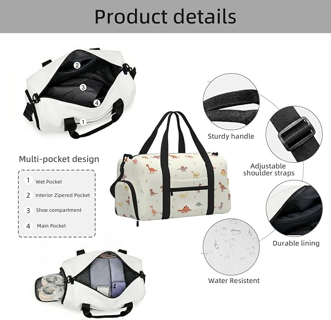 Cute Dinosaurs Print Gym Bag with Shoe Compartment for Women Men, 17.7in Sports Duffle Weekender Tote, Overnight Travel Duffel Bag Carry On