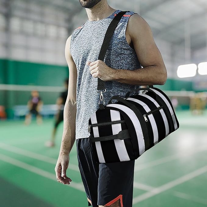 Stripes Black White Gym Bag Lightweight ，Travel Duffle Bag with Shoe Compartment，Gym Bag for Women for Overnight, Weekend, Yoga, Gym, Business Trips, Sport And Hospital.