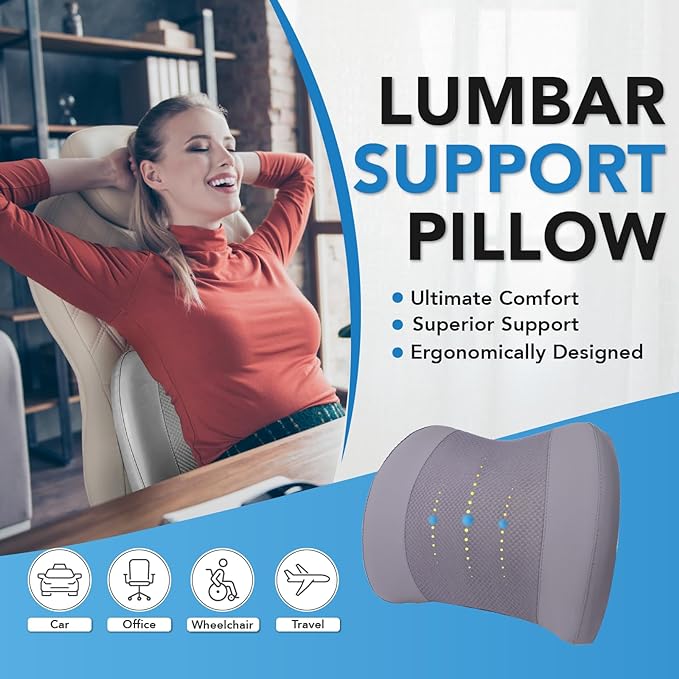 Lumbar Support Pillow for Car, Memory Foam Lumbar Pillow for Lower Back Pain Relief - Back Cushion for Driving, Chair Support for Car-Office Chair, Wheelchair - Gray