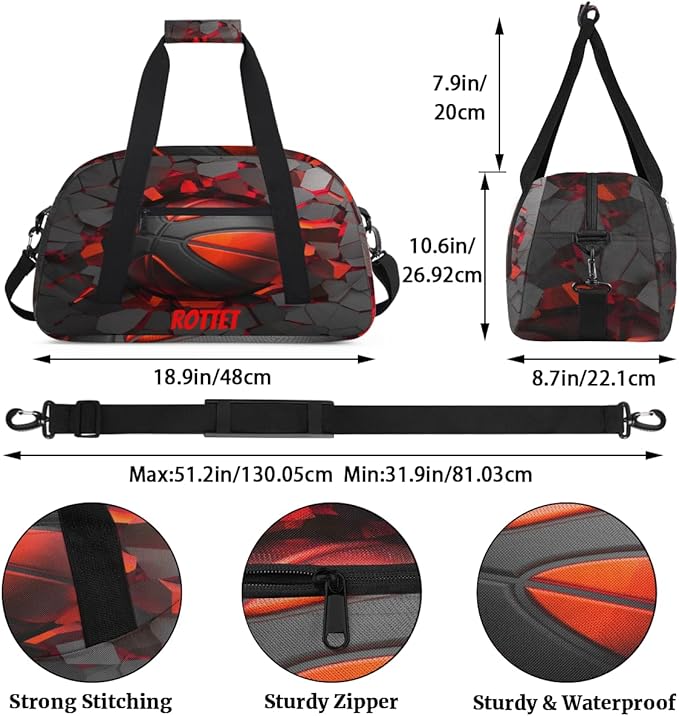Custom Name Sports Bag for Kids Boys, Personalized Gym Duffel Fitness Travel Weekender Tote Carry-On Training Perform Bag,Red Soccer Ball