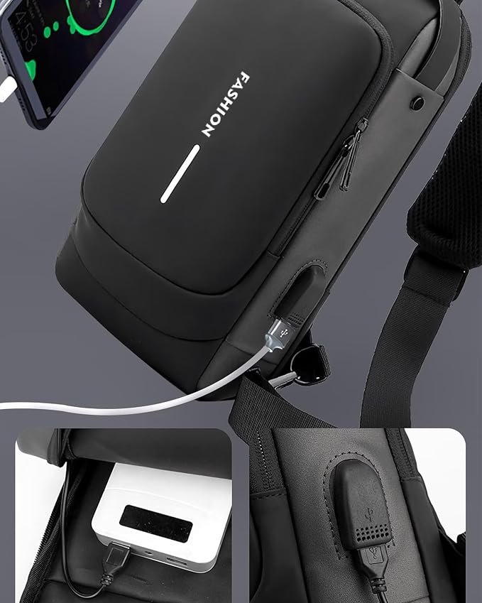 Sling Bag for Men Women, Black Anti-theft Crossbody Bags with USB Charging Port Waterproof Crossbody Sling Backpack Shoulder Bag for Hiking Cycling Running Travel