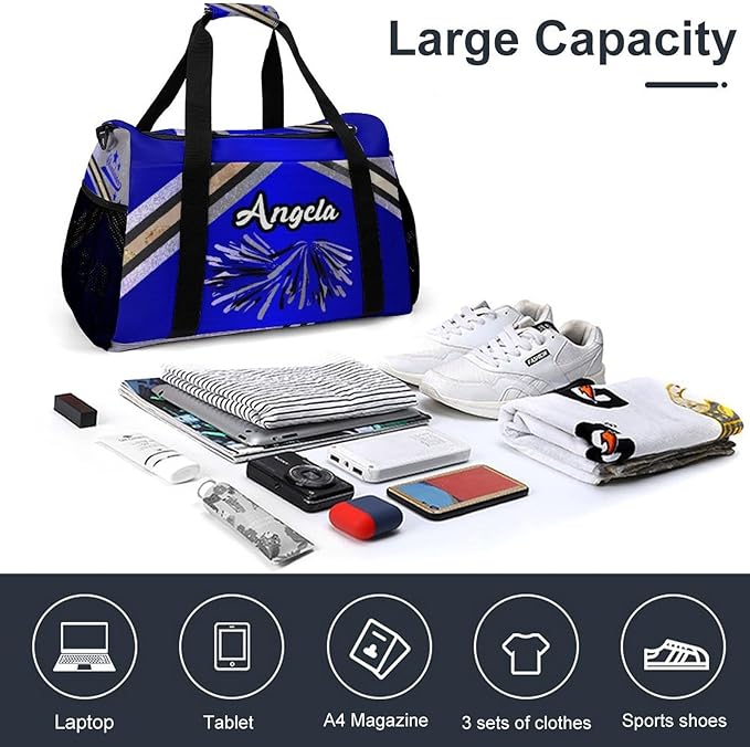Personalized Sports Duffle Bags for Training, Navy Blue Cheering Silver Stripes Travel Bags with Adjustable Shoulder Strap, Custom Name Birthday Holiday Gift