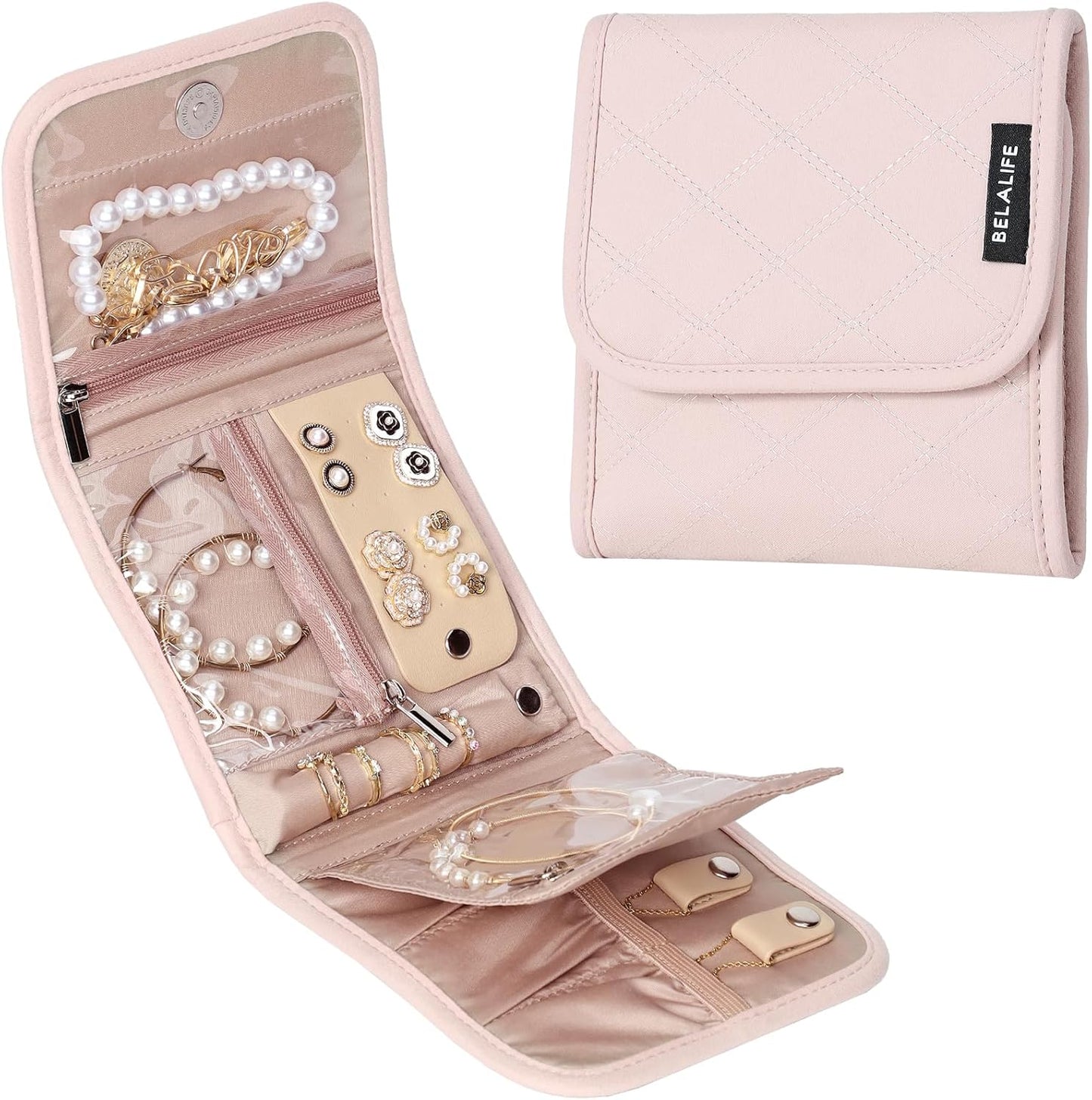 BELALIFE Travel Jewelry Case Organizer, Small Foldable Storage Roll for Earrings, Necklaces, Rings, Bracelets, Brooches, Pink