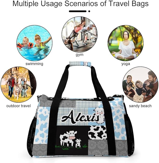 Plaid Patchwork Cow Blue Gray Crossbody Bag Waterproof Lightweight Duffel Bag Gym Dance Sport Perform Training Bag for Teens Women Men