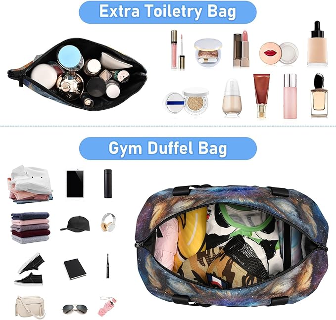 Travel Duffel Bags for Women Cosmic Wolf Portrait Print Sports Duffel Bags Gym Bags with Shoes Compartment Tote Bag Weekender Bag for Travelling