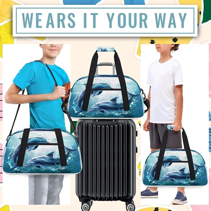 Dolphin Watercolor Print Sports Duffel Bags, Water-Resistant Gym Duffle Bag for Men Women, Lightweight Weekender Overnight Bag for Fitness, Workout, Travel
