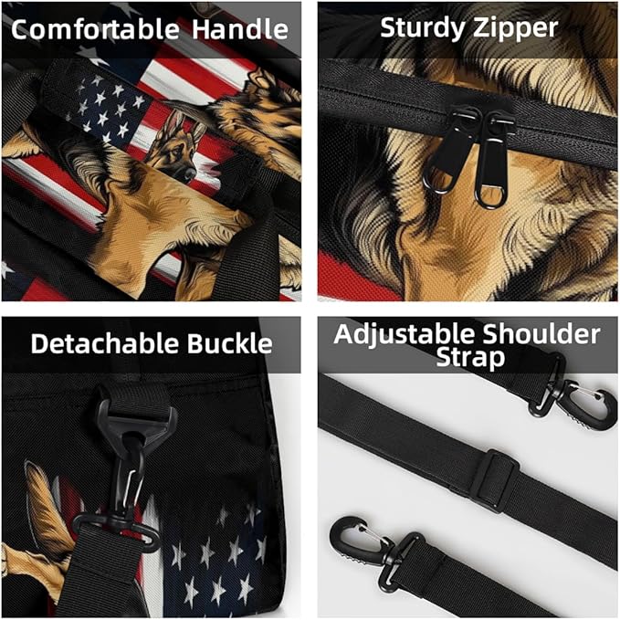 Kids Duffle Bag Girls Boys American Flag Shepherd Dog On Black Weekender Overnight Bag,Lightweight Duffel Bags for Traveling Gym Sport Dance