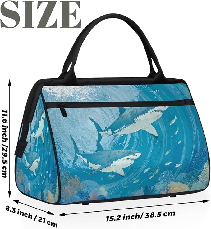 Shark Underwater Fish Travel Duffel Bag, Waterproof Sports Gym Duffle Bag, Large Capacity Weekender Carry On Overnight Bags for Women Men