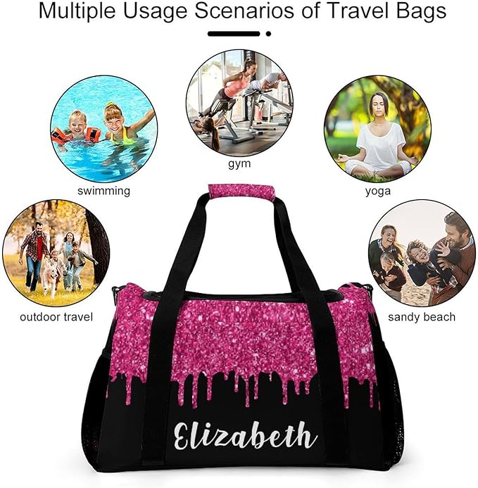 Personalized Name Travel Bag Sports Player Duffel Bags Pink Fuchsia Sequin Glitter Print Perform Training Bag for Men Women Adjustable Shoulder Strap