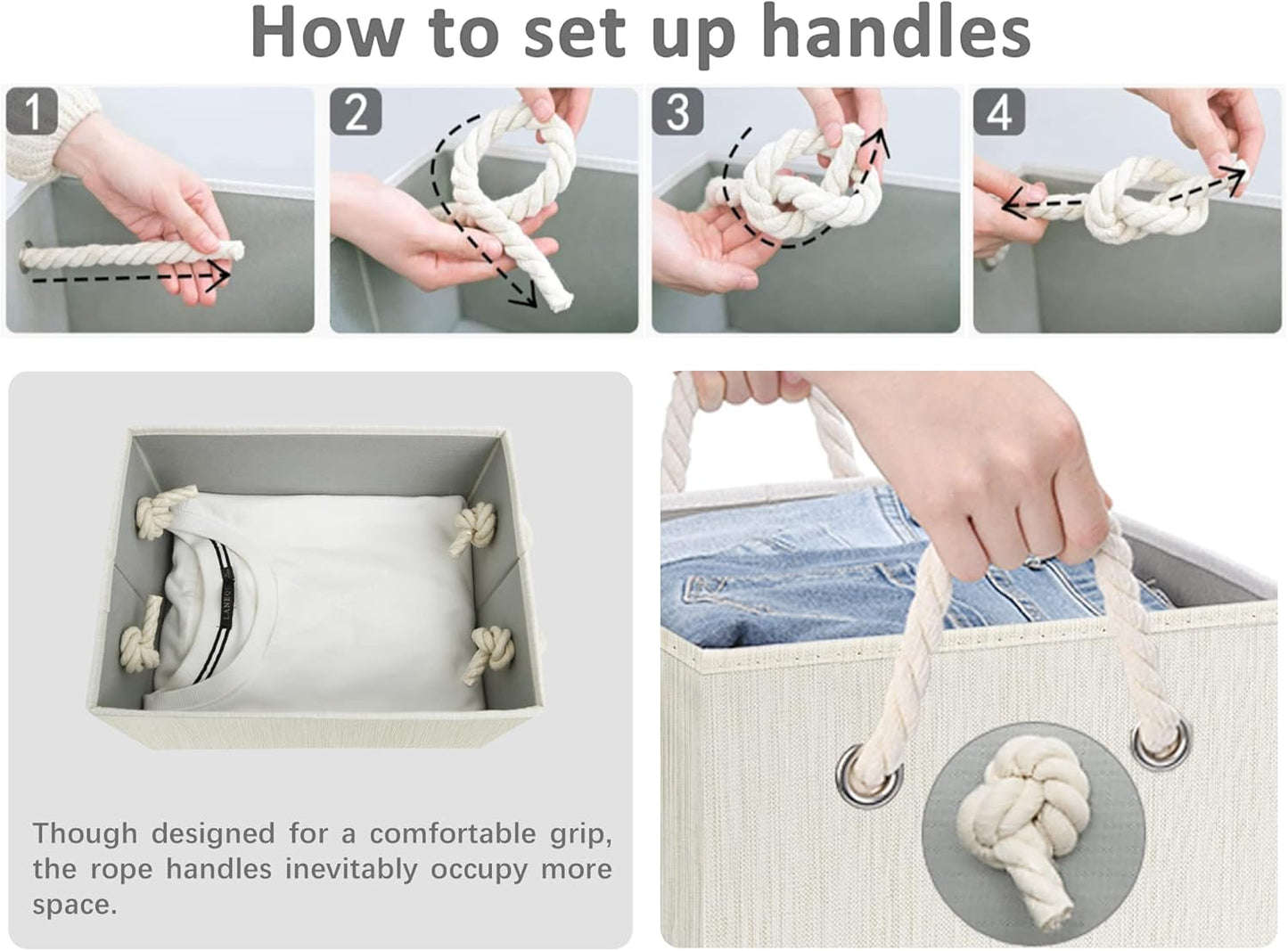 StorageWorks Storage Bins with Lids, Decorative Storage Boxes with Lid and Soft Rope Handles, Foldable Storage Baskets for Closet, Shelves, Stackable, 3-Pack, Ivory and White, Medium