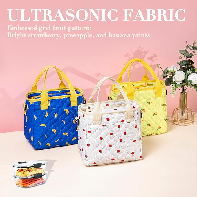 TuErCao Cute Banana Lunch Box for Women Lunch Bags for Work Small Insulated LunchBag for Picnic Travel Shopping, Portable Lightweight Ultrasonic Soft Touch LunchTote for Young Ladies