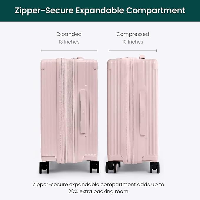 Nobl Travel Carry On Expandable Luggage, Noble Aluminum Frame PC Hard Shell Suitcase, 22.5”x14.2”x9.8” Airline Approved, 360° Spinner Wheels, TSA Locks, USB Charging, Cup & Phone Holder - Blush