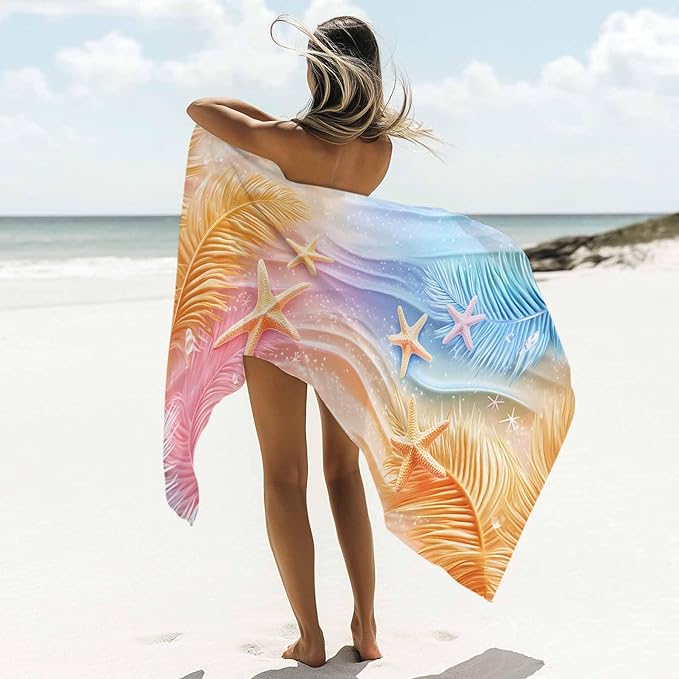 Summer Palm Leaves Beach Towel 30" x 60" Ocean Starfish Quick Dry Sand Free Pool Towels Dreamy Gradient Soft & Absorbent Compact Towels Beach Accessories for Travel Bathroom Swimming Pool