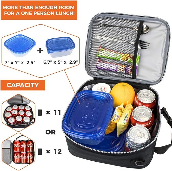 opux Premium Insulated Lunch Box for Men, Women | School Lunch Bag for Girls Kids | Compact Adult Lunch Pail Work Office Cooler | Soft, Leakproof, 4 Ways to Carry | Fits 12 Cans (Black Floral)