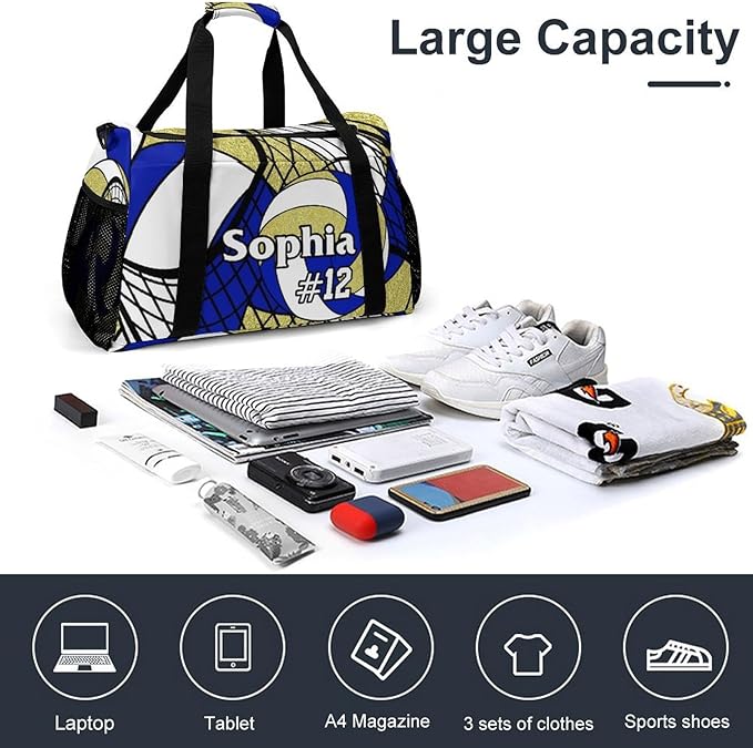 Custom Volleyball Deep Blue Gold Duffel Bag with Name Personalized Travel Bags Sport Gym Bag Carry On Weekender Bags for Men Women