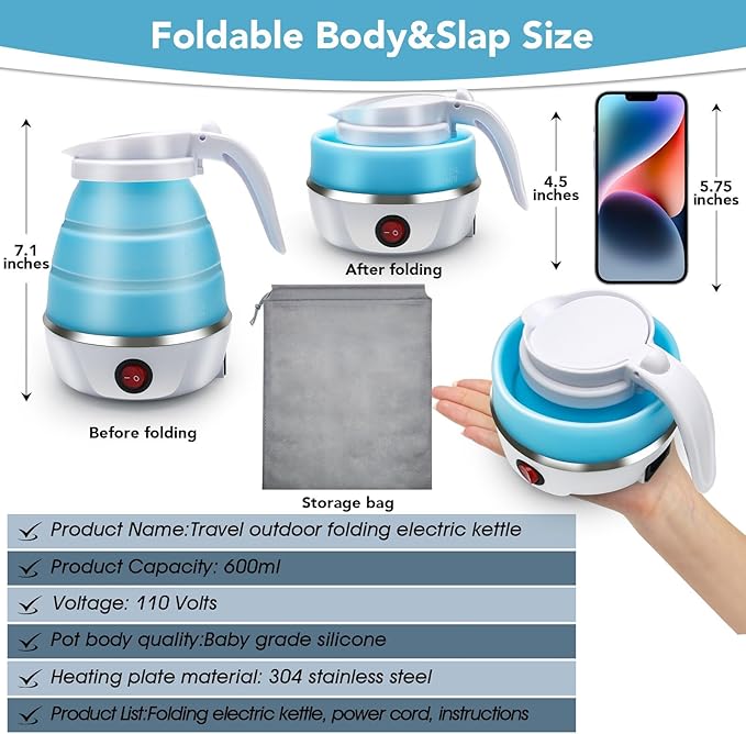 Travel Kettle Electric Small Foldable Portable Kettle,Silicone Collapsible Heating Water Boiler Tea Pot for Camping,Easy for Storage with Separable Power Cord (Blue pro)