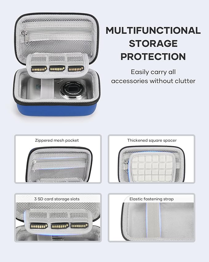 Camera EVA Case Compatible for KODAK PIXPRO FZ45-BK/FZ55, CAMKORY DC403, STUOGYUM DC402-AF, Dual-Layer Protection with SD Card Slots & Mesh Pocket, Blue