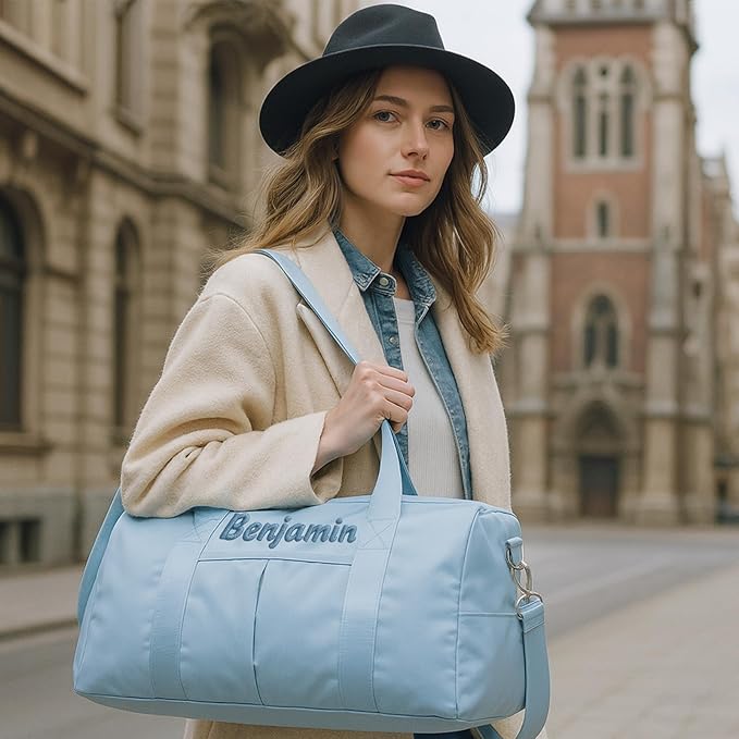 Personalized Travel Duffle Bag for Women with Embroidered Name Custom Sport Gym Bag with Shoe Compartment Weekender Overnight Tote Luggage Bag Customized Gifts for Birthday Light Blue