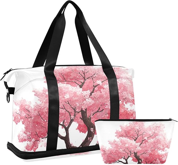 Travel Duffel Bags for Women Vibrant Pink Cherry Blossom Tree Sports Duffel Bags Gym Bags with Shoes Compartment Tote Bag Weekender Bag for Travelling