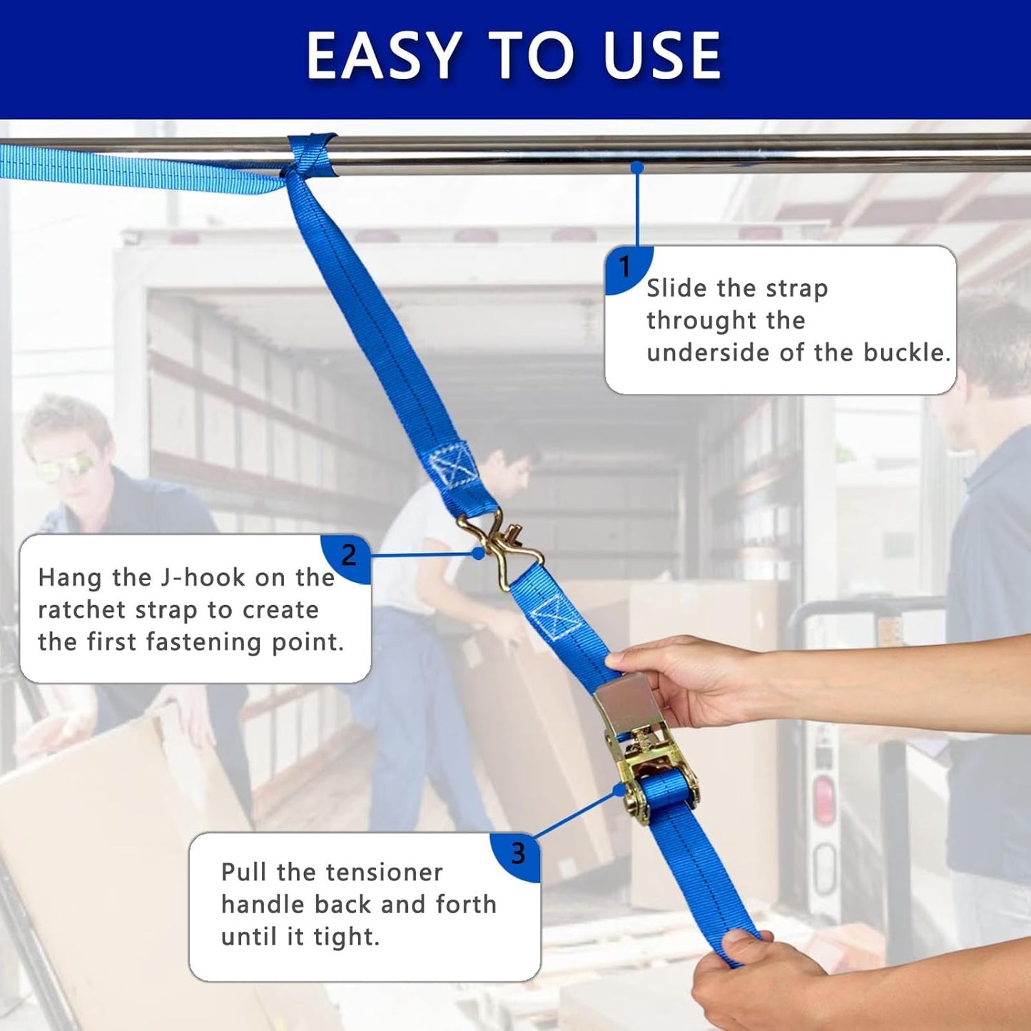 Ratchet Straps (4-Pack), 1 Inch x 16.4 Feet (2200lb Break Strength) with Sturdy Metal Hooks, 1x Work Gloves, Heavy Duty Tie Down Straps for Truck, Cargo Trailer, Motorcycle, Luggage, Moving (Blue)