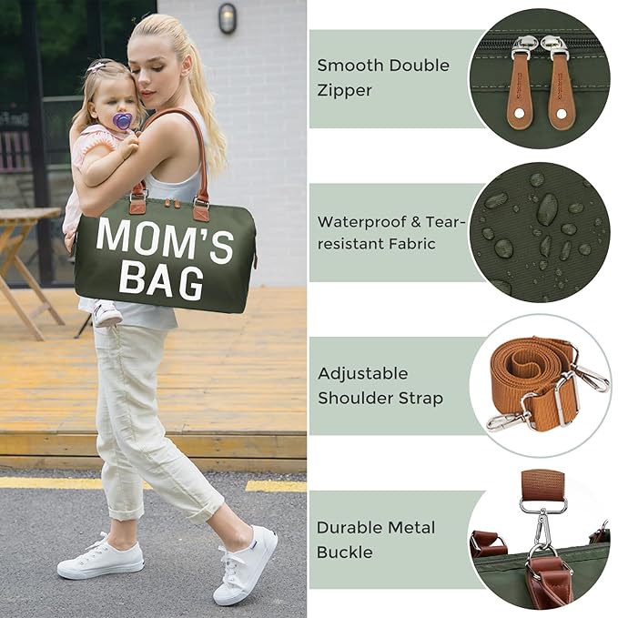 printe Mom's Bag, Hospital Bag for Labor and Delivery, Large Mommy Diaper Tote for Mom Overnight Travel, Waterproof Baby Handbag with Pouches and Straps, Olive Green