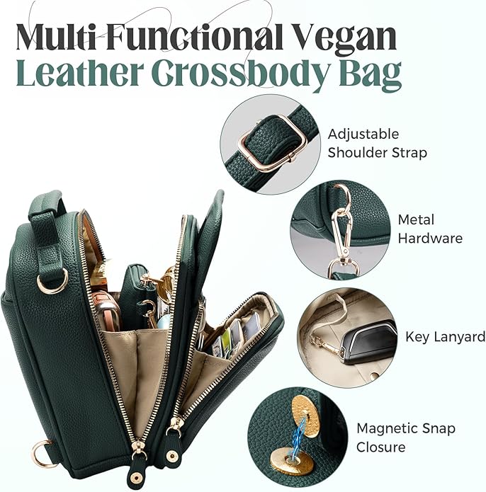Vegan Leather Crossbody Bag for Women with 2 Straps, Small Messenger Bag with Anti Theft Zipper Pocket Vintage Shoulder Bag