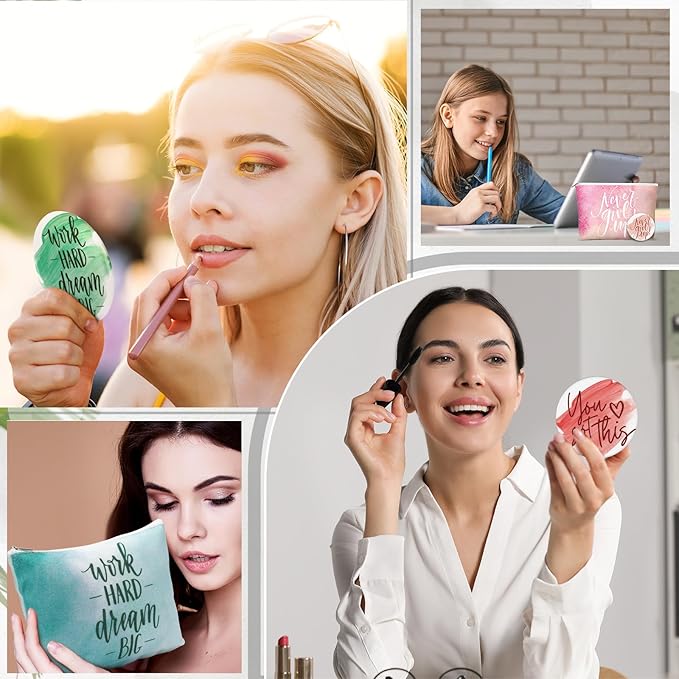 40 Pcs Employee Appreciation Gifts For Women Inspirational Canvas Makeup Bags Portable Compact Mirror Bulk Cosmetic Bags Thank You Gifts for Social Worker Coworkers (Motivation,Pastel)