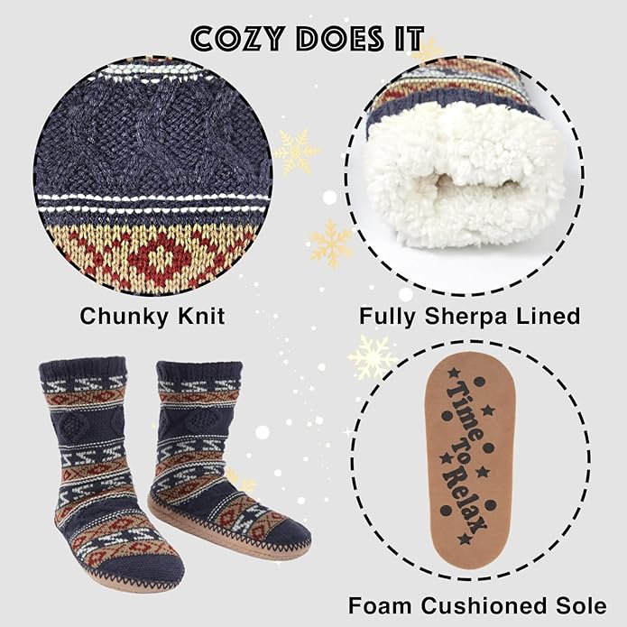 Cozylook Mens Slipper Socks Fleece Lined Non-slip Soles, Winter Soft Thick Cozy Home Boots, Warm Fuzzy House Shoes Indoor
