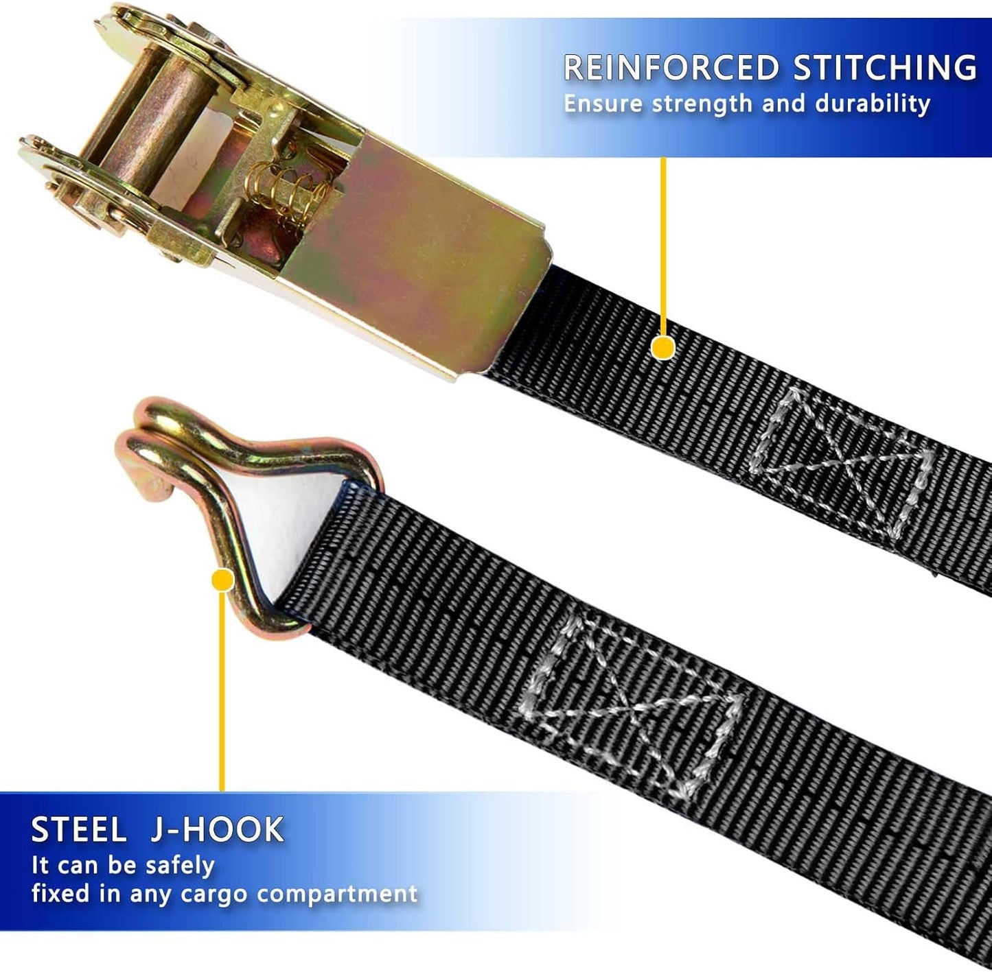 Black Ratchet Straps (4-Pack), 1 Inch x 16.4 Feet (2200lb Break Strength) with Sturdy Metal Hooks, 1x Work Gloves, Heavy Duty Tie Down Straps for Truck, Cargo Trailer, Motorcycle, Luggage, Moving