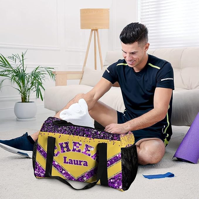 Personalized Cheer Bag Gifts for Girls Sport Cheerleading Gym Travel Duffel Bag Overnight Weekender Bags with Name (Yellow Purple)