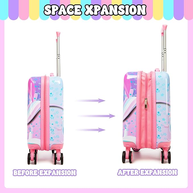 Cute Unicorn Kid’s Luggage Set 2 Piece Suitcase Set 16" Hardside Luggage with Spinner Wheels Girls Carry on Toddler Travel Rolling Luggage Airline Approved