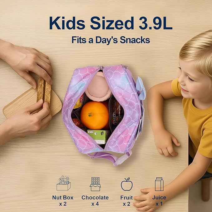 Bagseri Kids Snack Bag Girls - Small Reusable Mini Cooler Pouch, Insulated 3.9L Food Carrier with Buckle Handle for School and Daycare, Fits in Backpack, Glitter Mermaid Scale