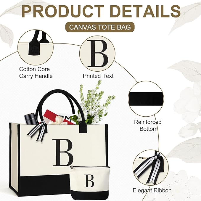 Personalized Canvas Tote Bag for Women Makeup Pouch Initial Beach Bag Removable Bottom Board for Travel Birthday