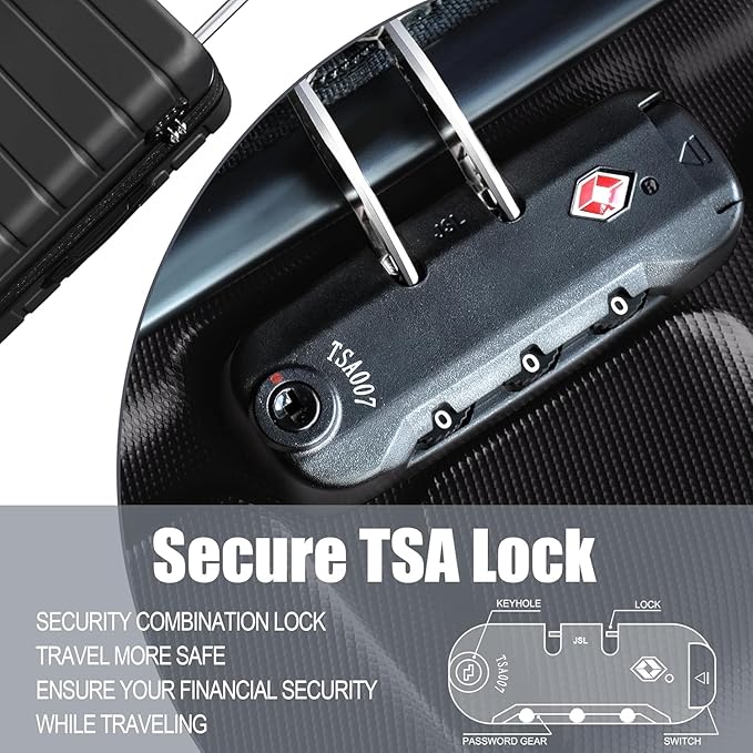 3-Piece Hardshell Luggage Set, Lightweight Expandable Suitcase with TSA Lock and Double Spinner Wheels, 20% Expansion for Extra Packing, Carry-On and Checked Bags, Black