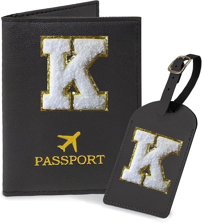 COSHAYSOO Black Initial Passport Cover Holder and Luggage Tag Set TSA Approved with Chenille Letter Patch for Women Teenage Girls, Traveling Necessities Supply Unique Bag Suitcase Identifier (K)