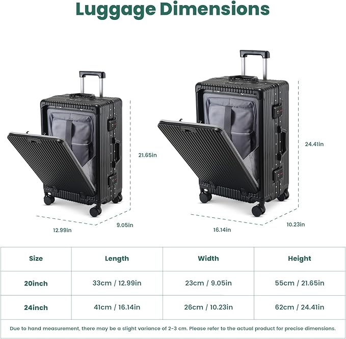 20 Inch Aluminum Frame Carry On Luggage with Front Pocket, USB Port, Phone Holder & Cup Holder, Hard Shell Spinner Suitcase for Airplane Travel, Black