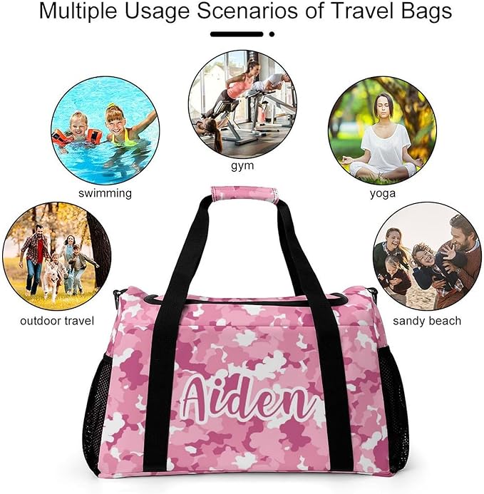 Personalized Name Travel Bag Sports Player Duffel Bags Camouflage Pink White Camo Perform Training Bag for Men Women Adjustable Shoulder Strap