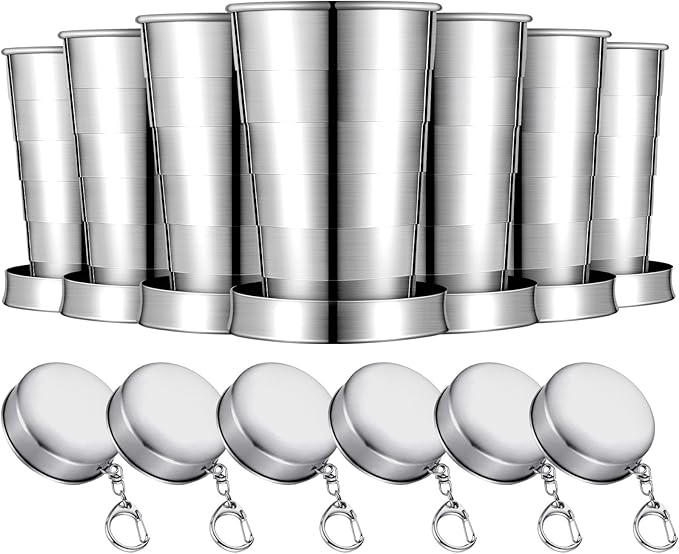 Tessco for you 6 Pieces Collapsible Shot Glasses Stainless Steel Collapsible Cup Reusable Portable Travel Folding Cup with Lid and Keychain for Camping Hiking Cycling(2.5 oz)