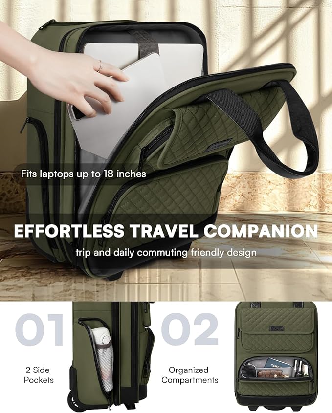 Underseat Carry On Luggage with Wheels, Airline Approved Personal Item Luggage, 16-Inch Multi-functional Underseat Luggage, Lightweight Overnight Suitcase for Women, Bussiness, Travel, Green